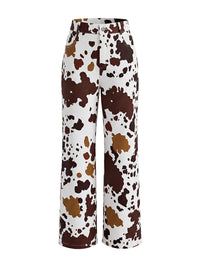 Elasticated Waist High Waisted Contrast Color Cow Printed Split-Joint Pants