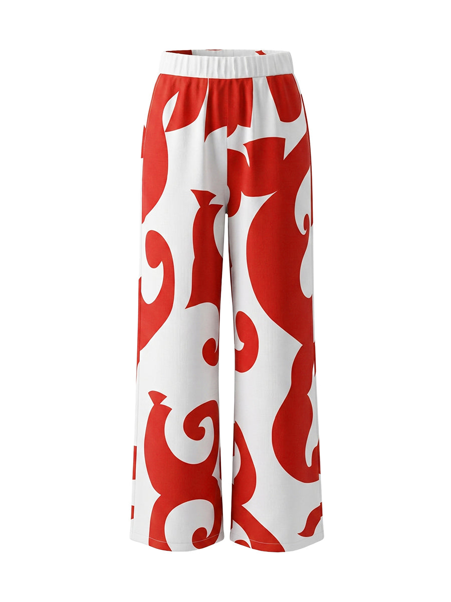 Contrast Color Pockets Printed Split-Joint High Waisted Loose Trousers Pants
