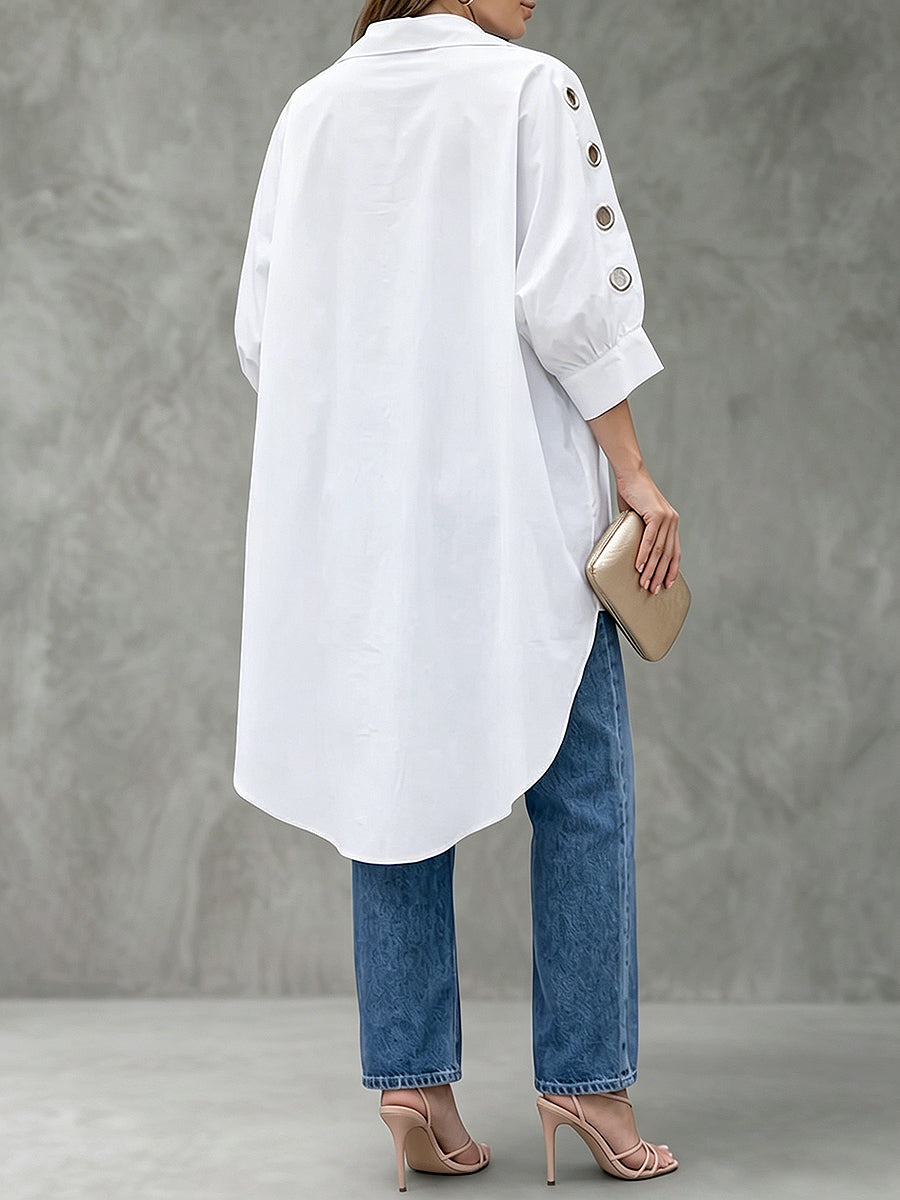 Buttoned Hollow Pleated Solid Color High-Low Loose Lapel Blouses&Shirts Tops