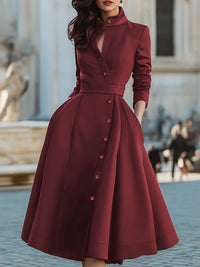 Buttoned Pockets Solid Color Split-Joint A-Line High Waisted Stand Collar Midi Dresses