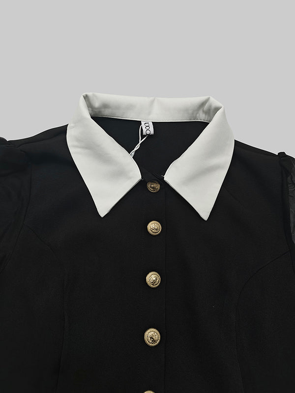 Buttoned See-Through Solid Color Split-Side Long Sleeves Lapel Shirt Dress Maxi Dresses