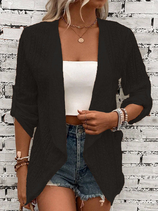 Long Sleeves Loose Buttoned Hollow Jacquard Solid Color Collarless Outerwear