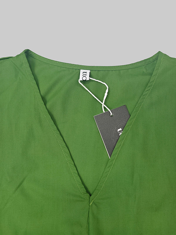 Pleated Pockets Solid Color Split-Joint Loose Short Sleeves V-Neck Maxi Dresses