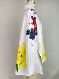 Buttoned Flower Print Pockets Split-Side High-Low Long Sleeves Stand Collar Blouses&Shirts Tops