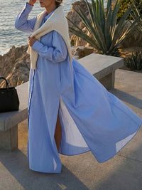 Long Sleeves Loose Buttoned Pockets Solid Color Split-Joint Split-Side Lapel Maxi Dresses Shirt Dress