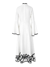 A-Line Flared Sleeves Abstract Printed Contrast Color Hollow Line Split-Joint Stand Collar Maxi Dresses