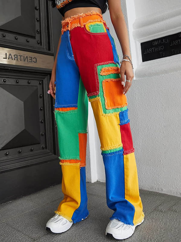 High Waisted Loose Buttoned Contrast Color Fringed Split-Joint Jean Pants Bottoms Trousers