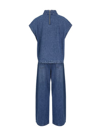 High Waisted Loose Pockets Solid Color Mock Neck Suits Vest Top + Pants Bottom Two Pieces Set
