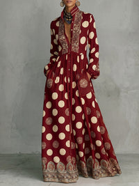 High Waisted Long Sleeves Big Hemline Buttoned Contrast Color Pleated Pockets Polka-Dot Stand Collar Maxi Dresses