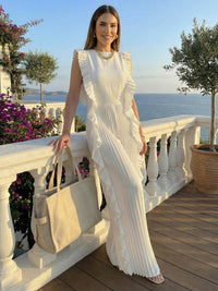 Loose Sleeveless Pleated Ruffled Solid Color Split-Joint Round-Neck Jumpsuits