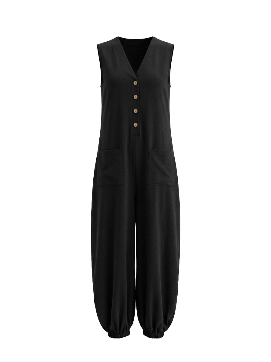 Sleeveless Wide Leg Buttoned Pockets Solid Color V-Neck Jumpsuits