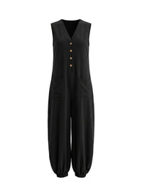 Sleeveless Wide Leg Buttoned Pockets Solid Color V-Neck Jumpsuits