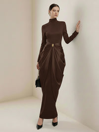 Long Sleeves Buckle Draped High-Neck Evening Dresses Maxi Dresses