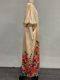 Elasticity Flower Print Split-Front A-Line Half Sleeves V-Neck Maxi Dresses