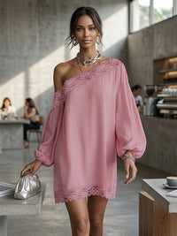 Solid Color Split-Joint Long Sleeves Loose One-shoulder Mini Dresses