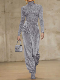 High Waisted Pleated Pockets Solid Color Velvet Pants Trousers
