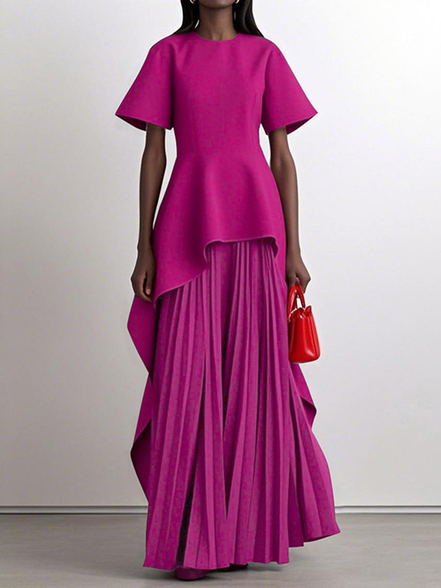 A-Line High Waisted Pleated Solid Color Split-Joint Round-Neck Maxi Dresses
