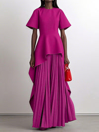 A-Line High Waisted Pleated Solid Color Split-Joint Round-Neck Maxi Dresses