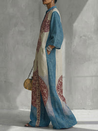 Loose Three-Quarter Sleeves Contrast Color Ethnic Printed Pockets V-Neck Jumpsuits