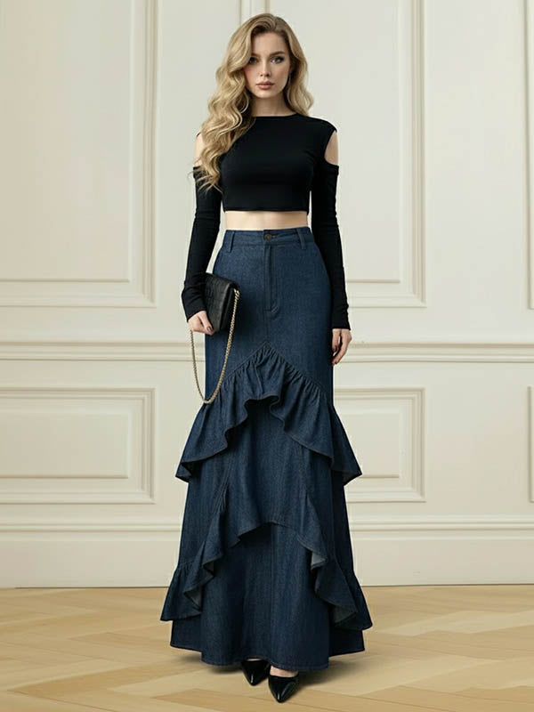 Bodycon High Waisted Ruffled Solid Color Split-Joint Skirts Bottoms