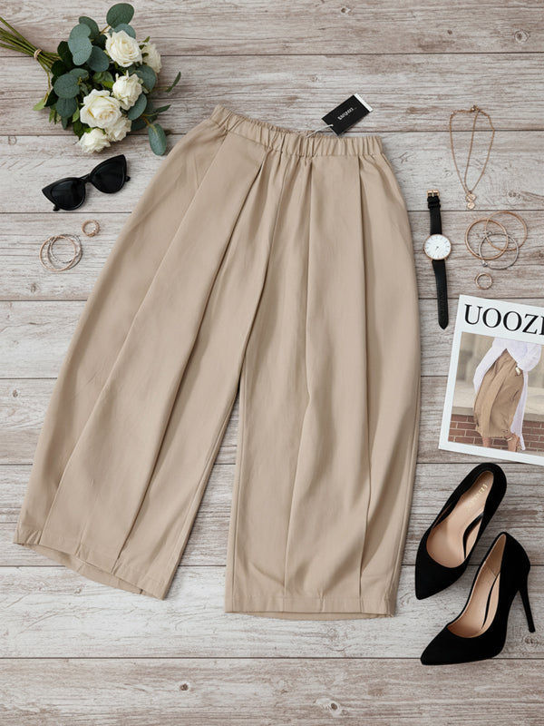 Loose Wide Leg Pleated Pockets Solid Color Pants