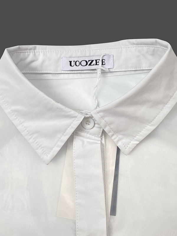 See-Through Solid Color Split-Joint Short Sleeves Lapel Blouses&shirts Tops