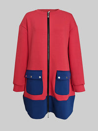 Long Sleeves Loose Contrast Color Pockets Split-Joint Zipper Round-Neck Midi Dresses