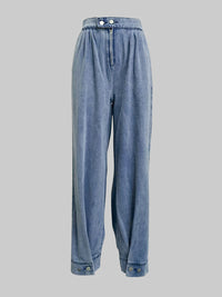 Loose Buttoned Solid Color Zipper Jean Pants Bottoms Knickerbockers Trousers
