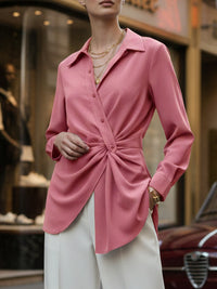 Long Sleeves Wrap Asymmetric Knot Pleated Lapel Blouses&Shirts Tops