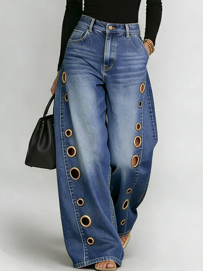 Buttoned Geometric Hollow Pockets Split-Joint High Waisted Loose Jean Pants Bottoms