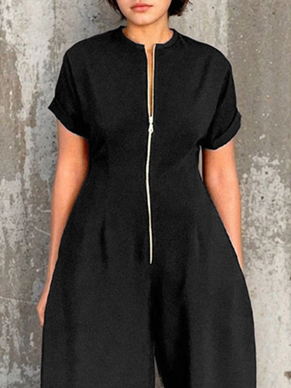 Short Sleeves Wide Leg Elasticity Split-Joint Zipper Round-Neck Jumpsuits