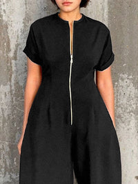 Short Sleeves Wide Leg Elasticity Split-Joint Zipper Round-Neck Jumpsuits