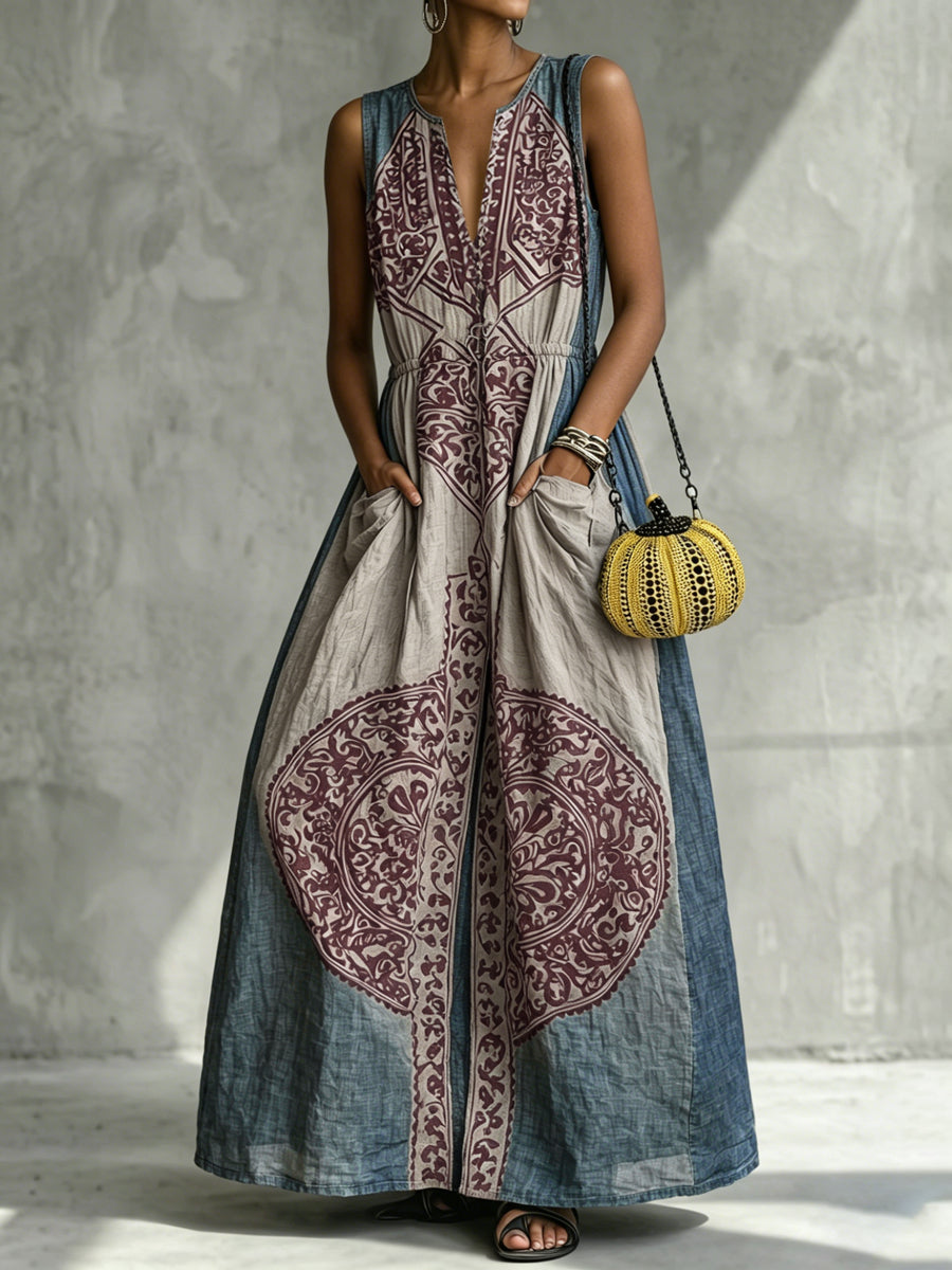 Contrast Color Pleated Pockets Loose Sleeveless V-neck Maxi Dresses