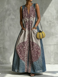 Contrast Color Pleated Pockets Loose Sleeveless V-neck Maxi Dresses