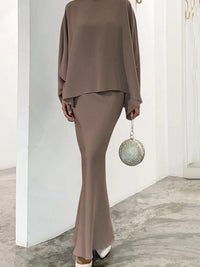 Batwing Sleeves Pearl Solid Color Round-Neck Shirts&Skirts Suits