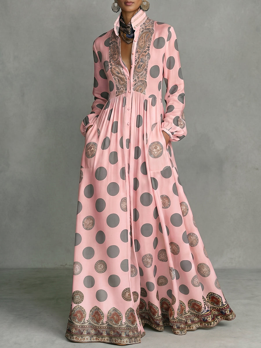 High Waisted Long Sleeves Big Hemline Buttoned Contrast Color Pleated Pockets Polka-Dot Stand Collar Maxi Dresses
