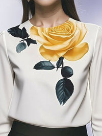 Flower Print Pleated Long Sleeves Loose Round-Neck Blouses&Shirts Tops