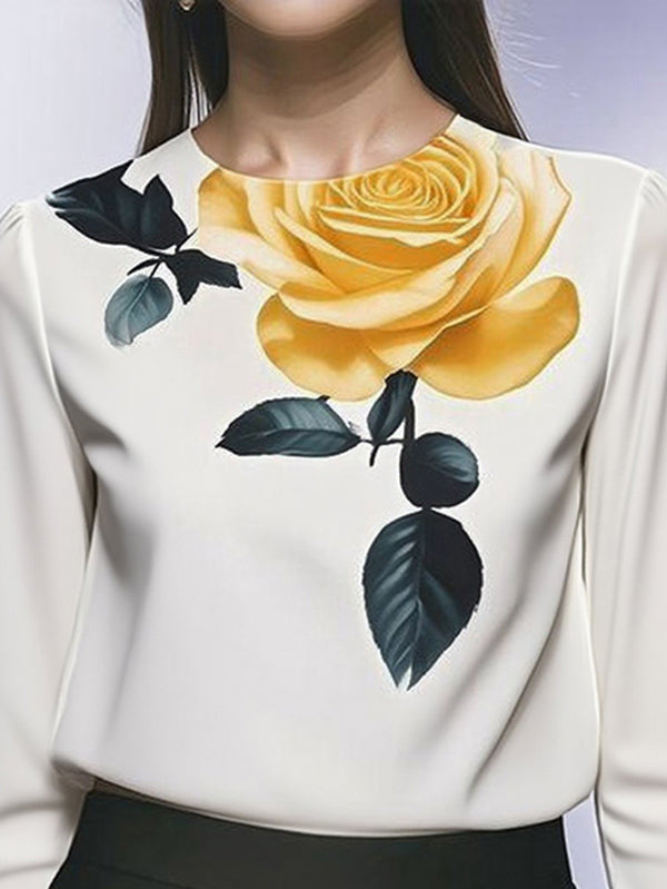 Flower Print Pleated Long Sleeves Loose Round-Neck Blouses&Shirts Tops