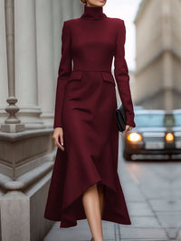 Long Sleeves Skinny Solid Color High Neck Midi Dresses