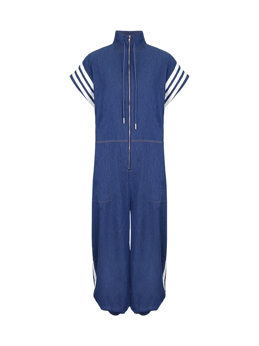 Ankle-Tied Loose Contrast Color Pockets Split-Joint Striped Zipper Stand Collar Jumpsuits