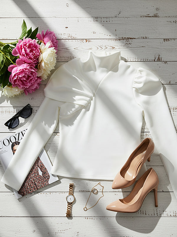 Asymmetric Pleated Solid Color Irregularity Long Sleeves High Neck Sweatshirt Tops