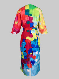 Loose Asymmetric Split-Joint Tied Waist Round-Neck Midi Dresses