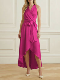 High-Low Loose Ruffle Trim Solid Color Tied Waist V-Neck Maxi Dresses