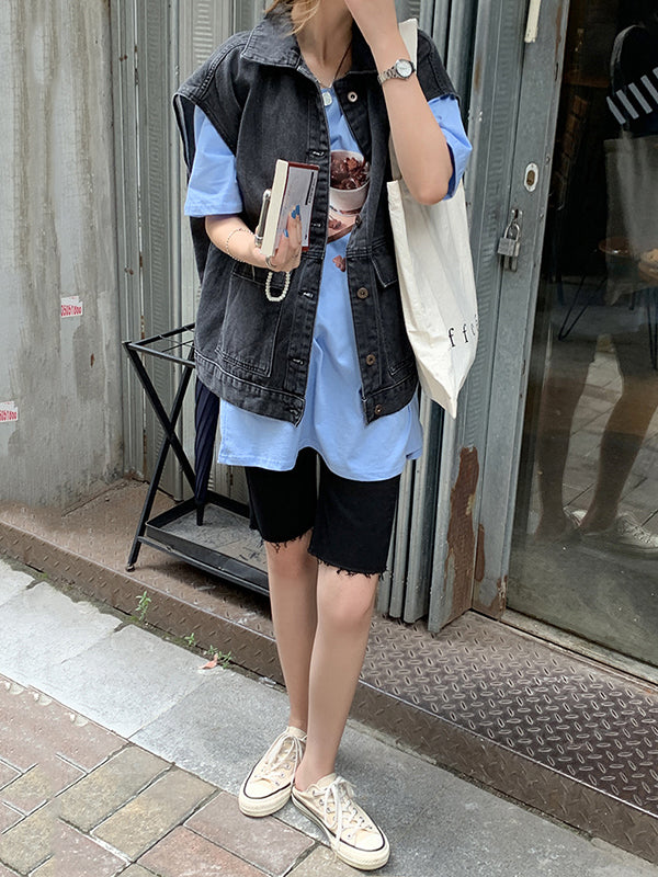 Simple Split-Joint Solid Color Denim Vest Outerwear