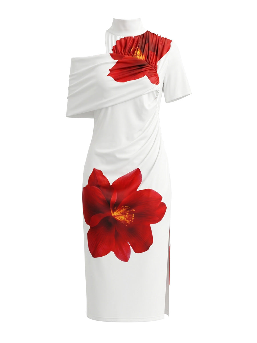 Flower Print Pleated Split-Front Bodycon Short Sleeves High Neck Midi Dresses