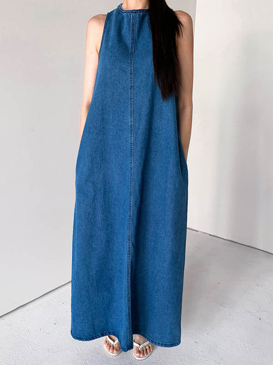 A-Line Loose Pockets Solid Color Tied Round-Neck Maxi Dresses