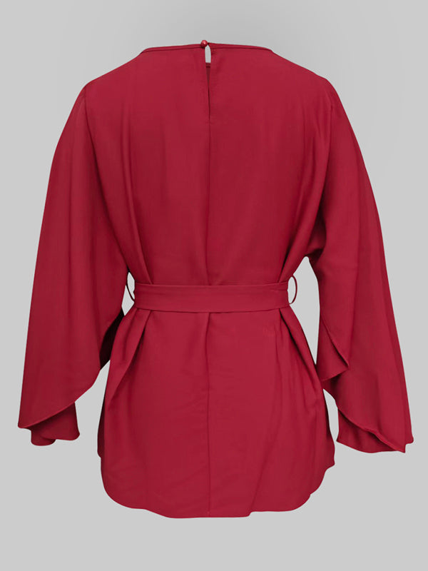 Split-Joint Tied Waist Batwing Sleeves Round-Neck Blouses&Shirts Tops