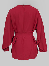 Split-Joint Tied Waist Batwing Sleeves Round-Neck Blouses&Shirts Tops