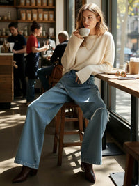 High Waisted Irregularity Asymmetric Buttoned Fringed Interlace Layered Pockets Solid Color Jean Pants Bottoms