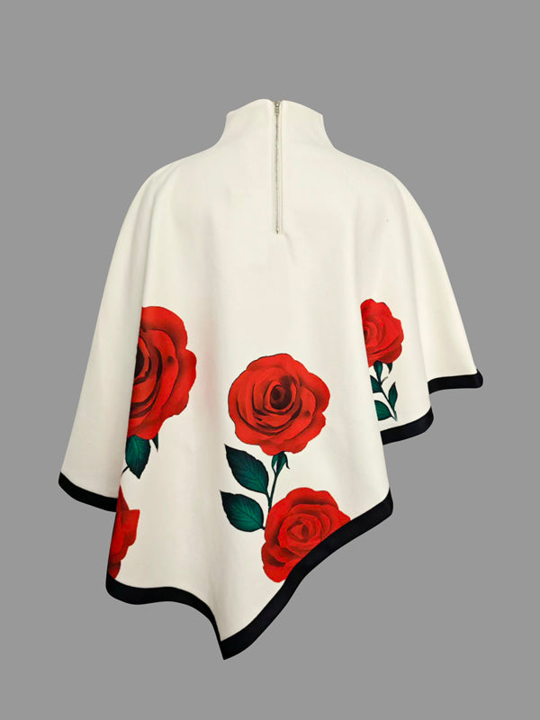 Long Sleeves Loose Flower Print High Neck 1 Piece Cape